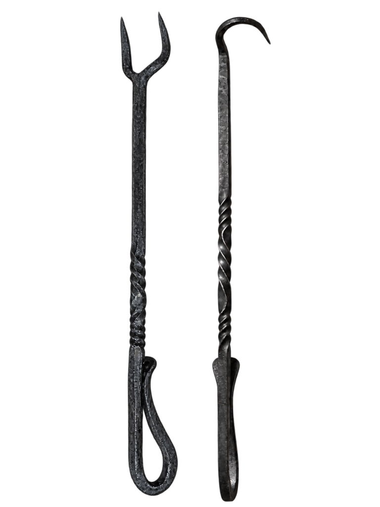 Hand-forged BBQ fork and steak turner with twisted handles, shown together