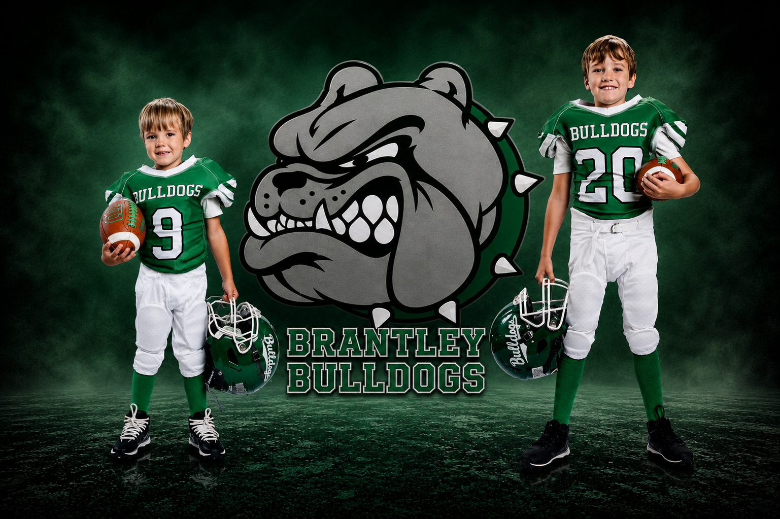 Two children in green Bulldogs football uniforms with a bulldog mascot