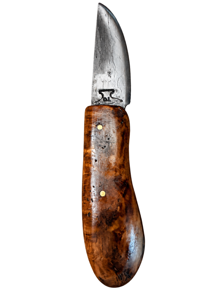 Laminated chainsaw chain knife with white oak handle, full view