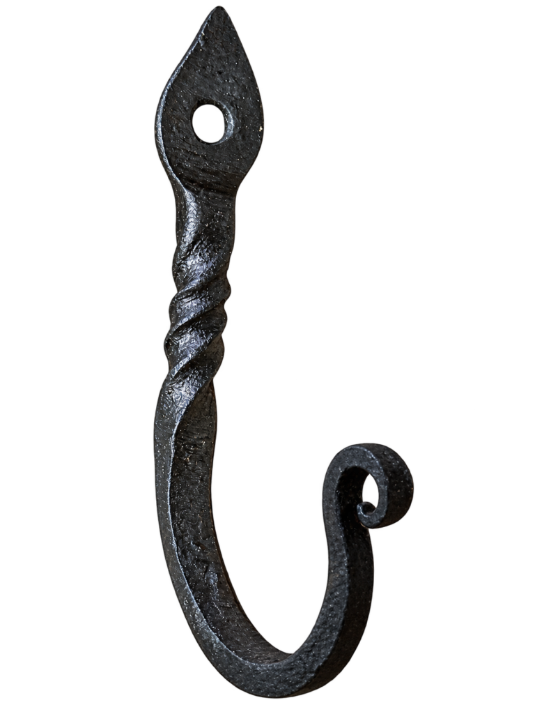 Spade-top hook with twisted stem and curled tip